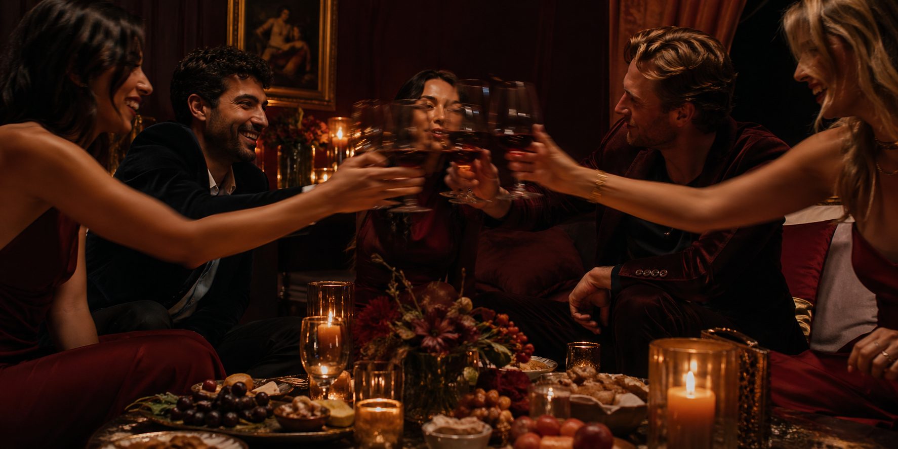 Friends toasting with red wine at a moody, candlelit dinner party seated on velvet cushions, a Bespoke Wine Journeys literary retreat gathering