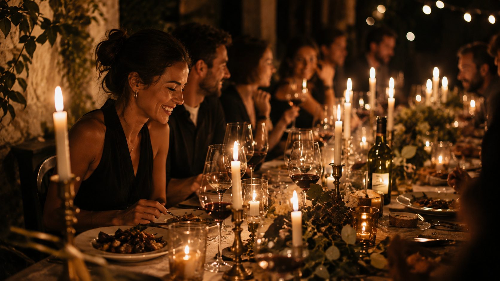 Guests laughing over a candlelit outdoor wine dinner table set with brass candlesticks, wine glasses and small plates, a Bespoke Wine Journeys event in Denver, Colorado