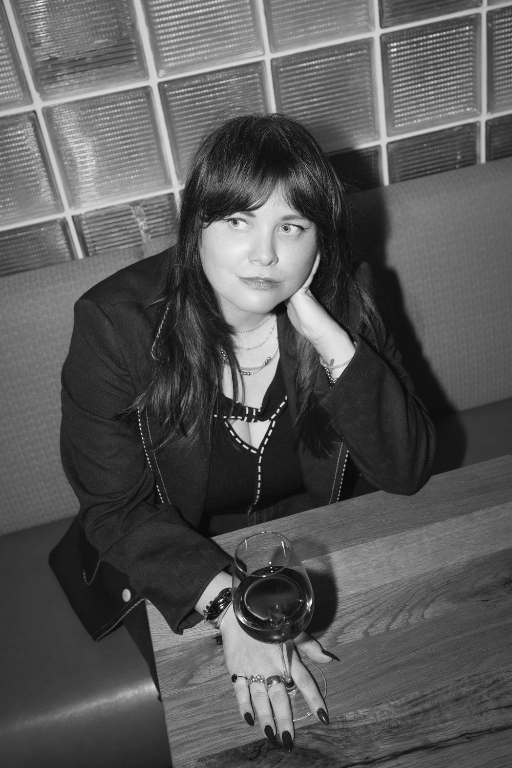 Molly Montgomery, black and white portrait, seated