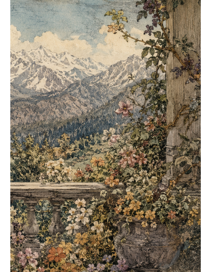 Wildflowers on a mountain terrace overlooking the Rocky Mountains