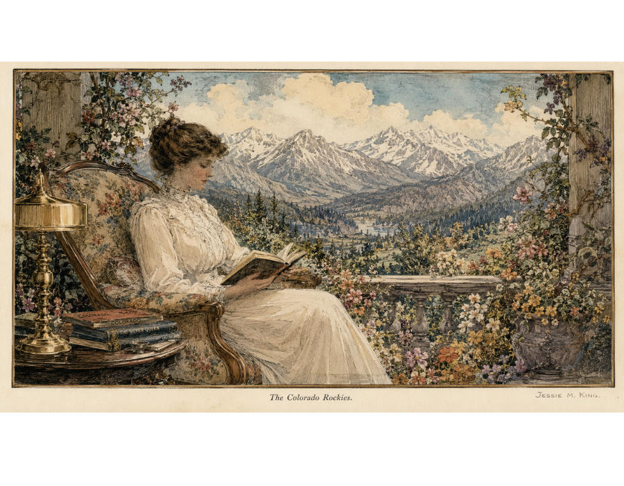 A guest reading on a balcony overlooking the Rocky Mountains