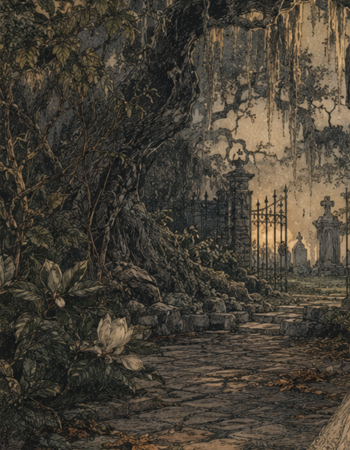 Spanish moss and a wrought-iron gate along a garden path in historic Savannah