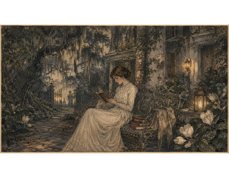 A guest reading on an iron bench beside a lit lantern in a Savannah garden