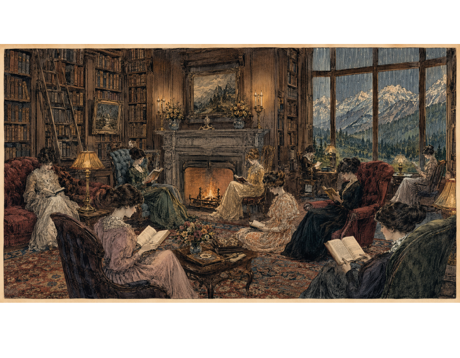 Guests reading together by the fire in a mountain library, with the Rocky Mountains through the window, at a Read Between the Vines retreat